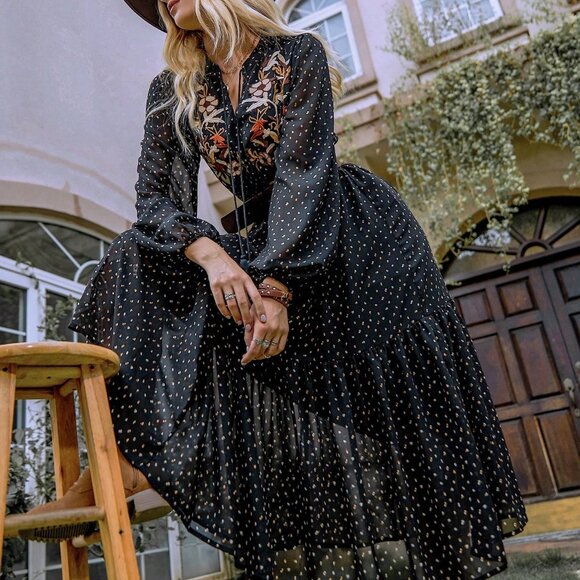 Black Boho Womens Chiffon Polka Dot V-Neck Tie Elegant Dress - Picture 4 of 8